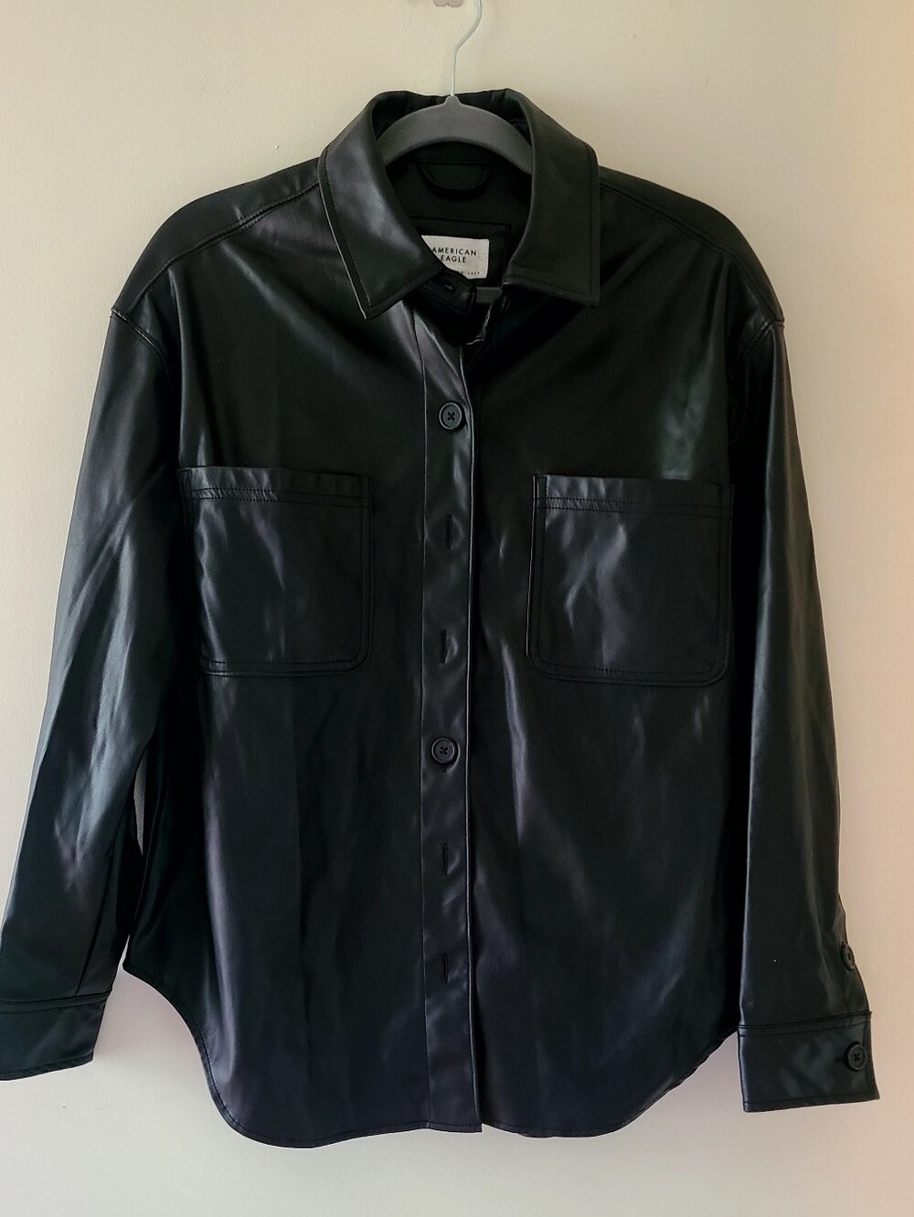 NWT American Eagle Black Faux Leather Button-Up Shacket Size Small